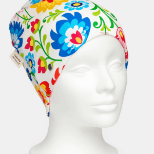 Czapka folkowa biała w kolorowe kwiaty